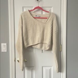 Zara Cream Asymmetrical V-Neck Crop Sweater Ribbed Knit
